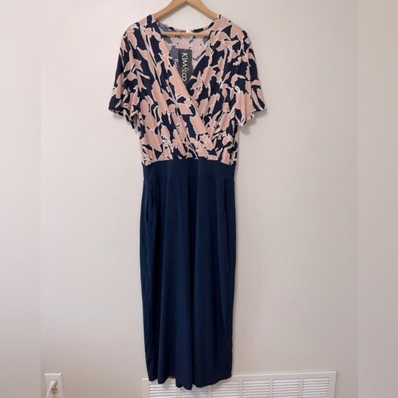 New Kim & Co. Navy Blue Pink Cropped Stretch Gaucho Jumpsuit Size XL bin 1K - Picture 2 of 5